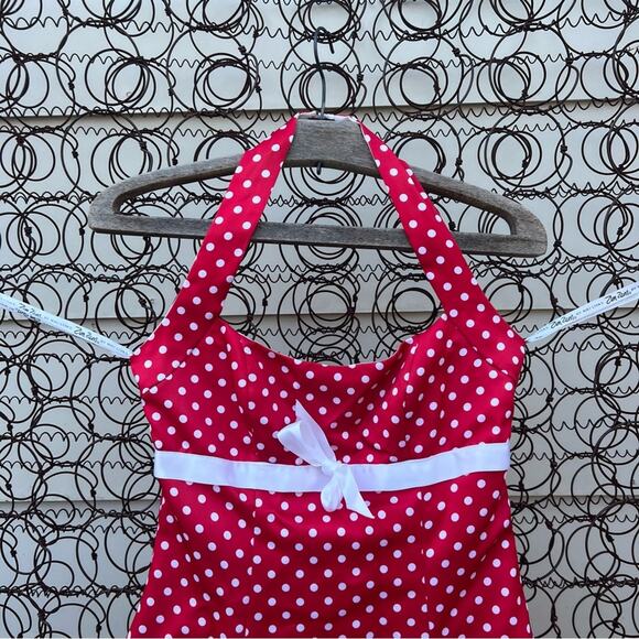Vint. 90s ZUM ZUM red white polkadot halter pinup rockabilly prom cocktail dress - Picture 6 of 9